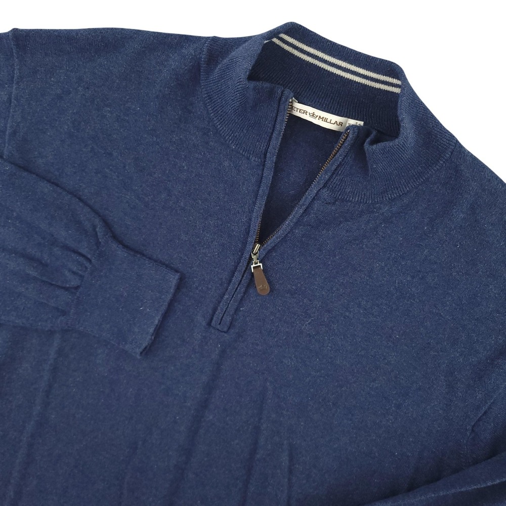 Peter Millar Sweater Mens XL Blue Cotton Cashmere 1/4 Zip Mock Neck Pullover